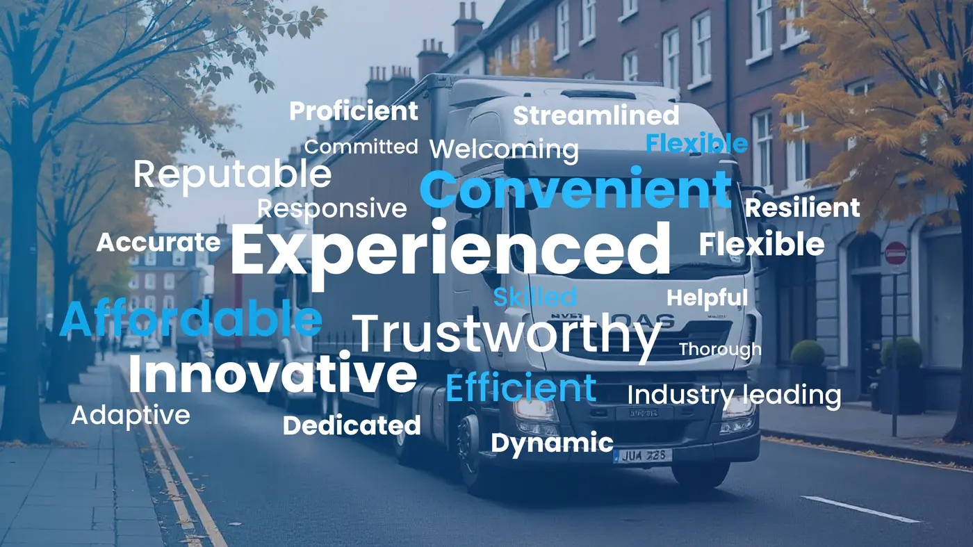 HGV truck driving through a town street with words like Experienced, Trustworthy, Affordable, and Convenient overlaid, highlighting key qualities of an HGV medical service at Dr4D4.